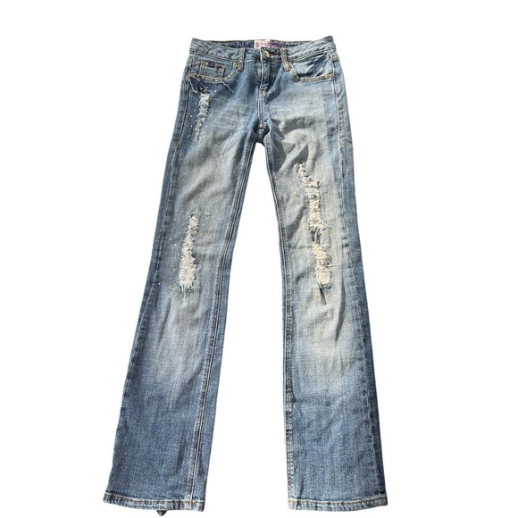 Request Denim - Vtg Y2K Request Distressed Rhinestone Embellish Light Wash Blue Jean 26 Dopamine